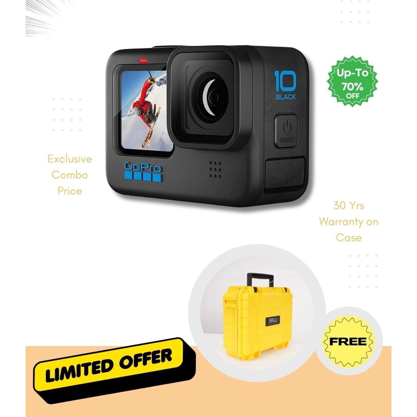Black action camera with rugged B&W case, showing front lens and small display