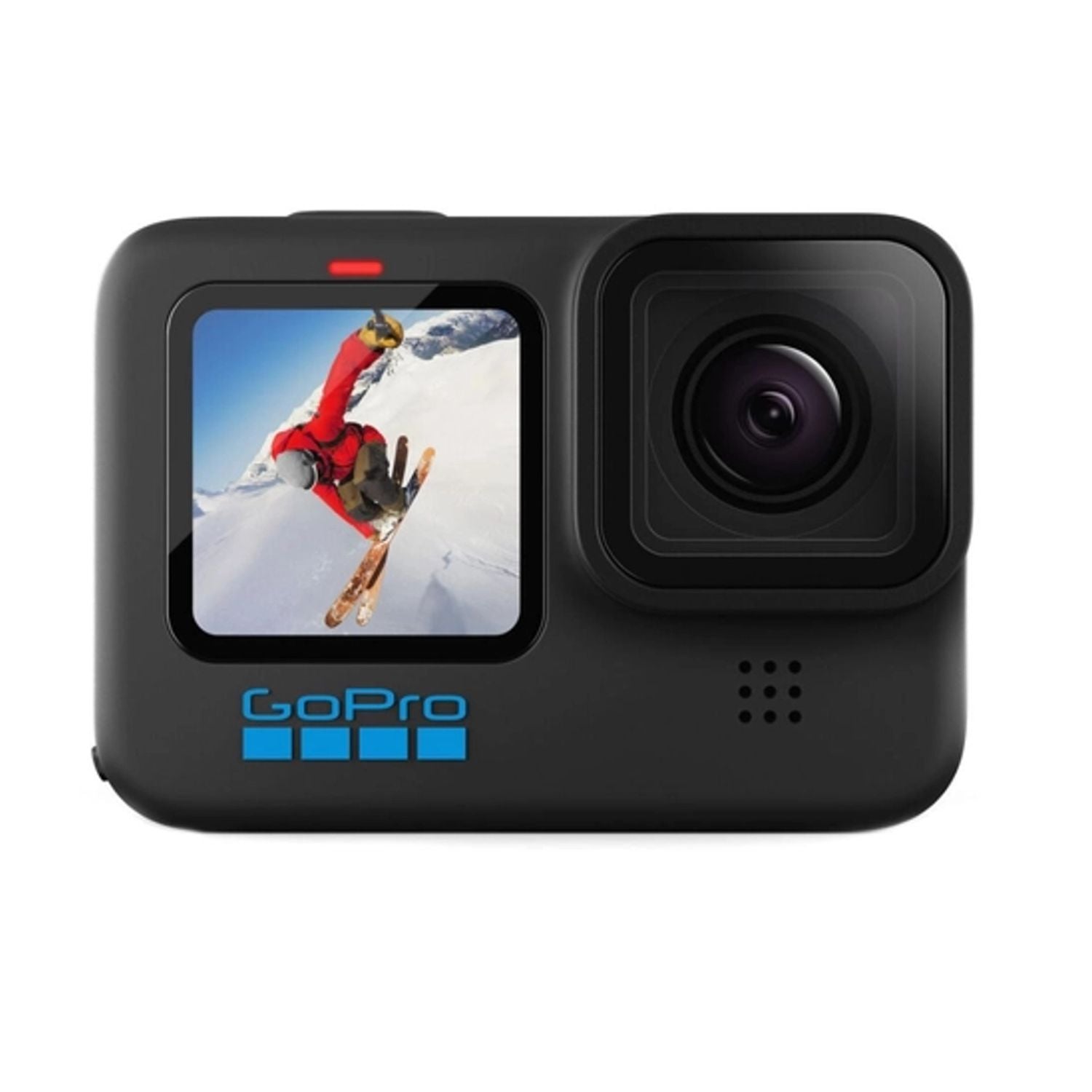 Black action camera front view with touchscreen and large front lens