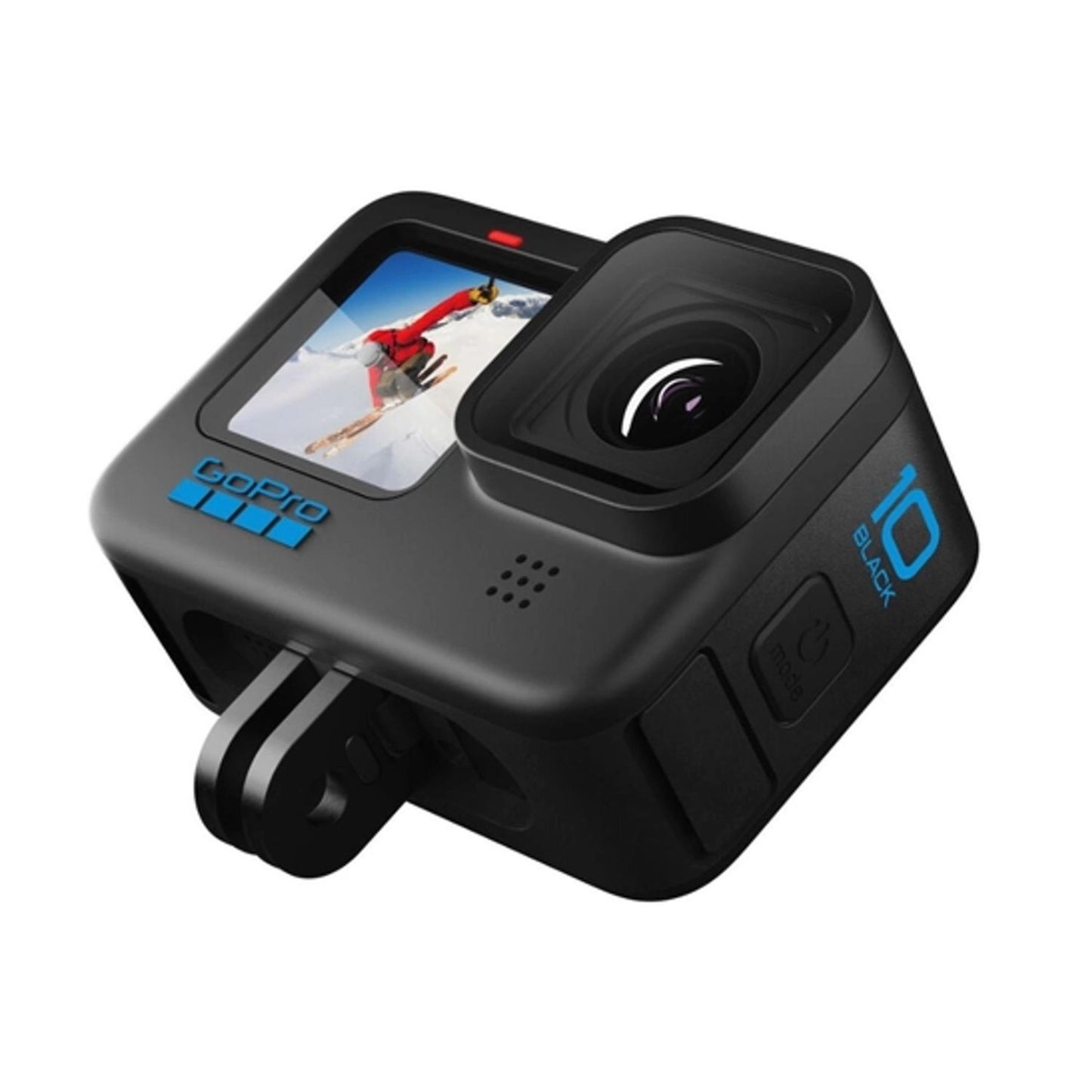 Black action camera angled view with front lens, touchscreen, and side controls