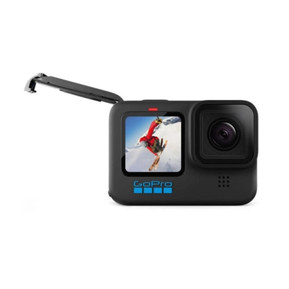 Black action camera side view with mounted bracket and front lens