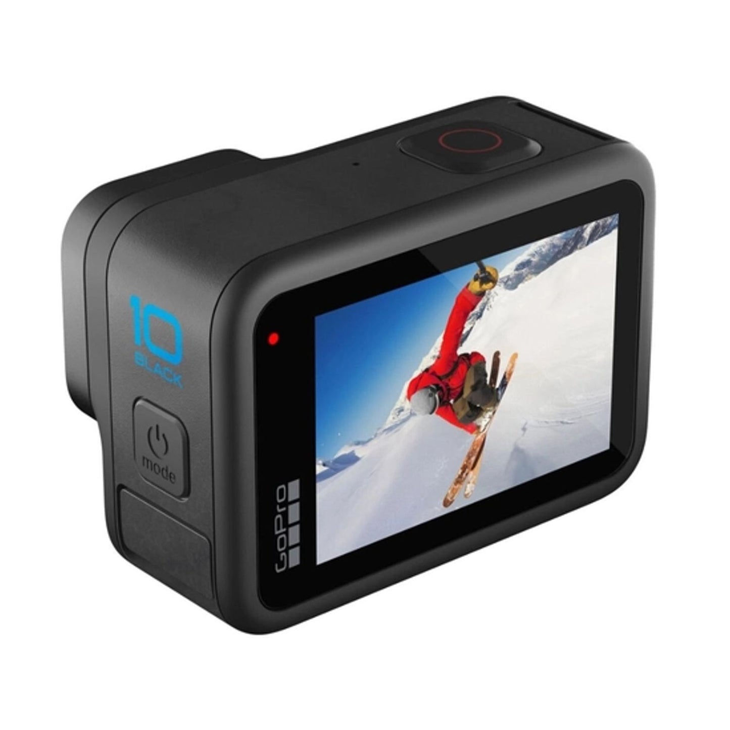 Black action camera close-up with “10 Black” marking and front screen display