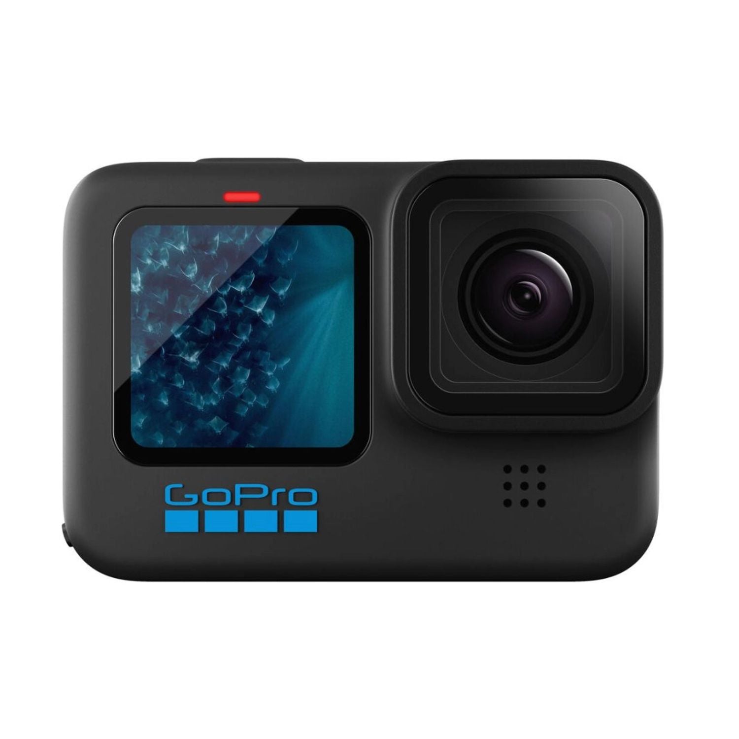 Black action camera front view with touchscreen and lens