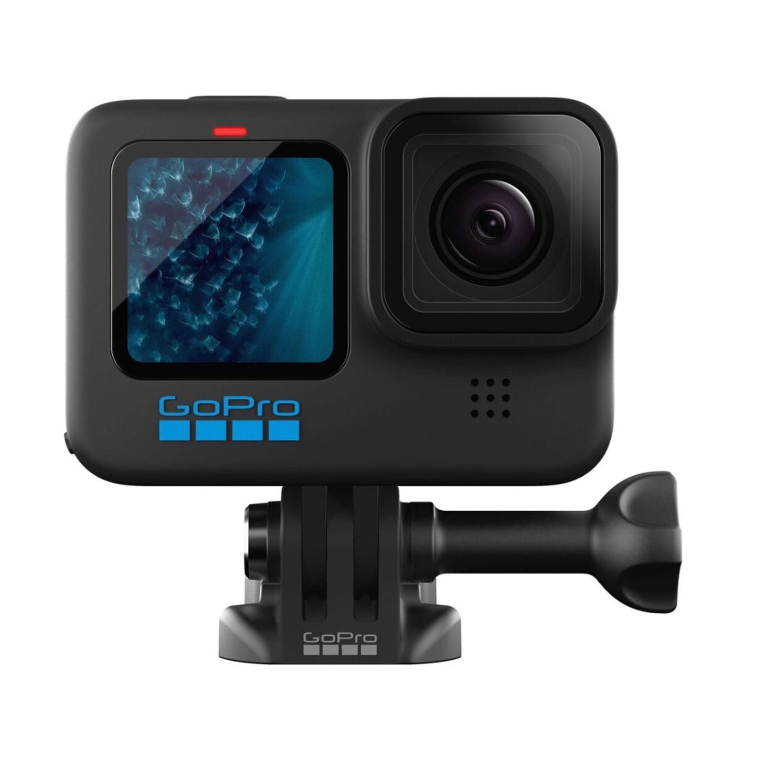 Black HERO11 action camera with front screen and attached mount