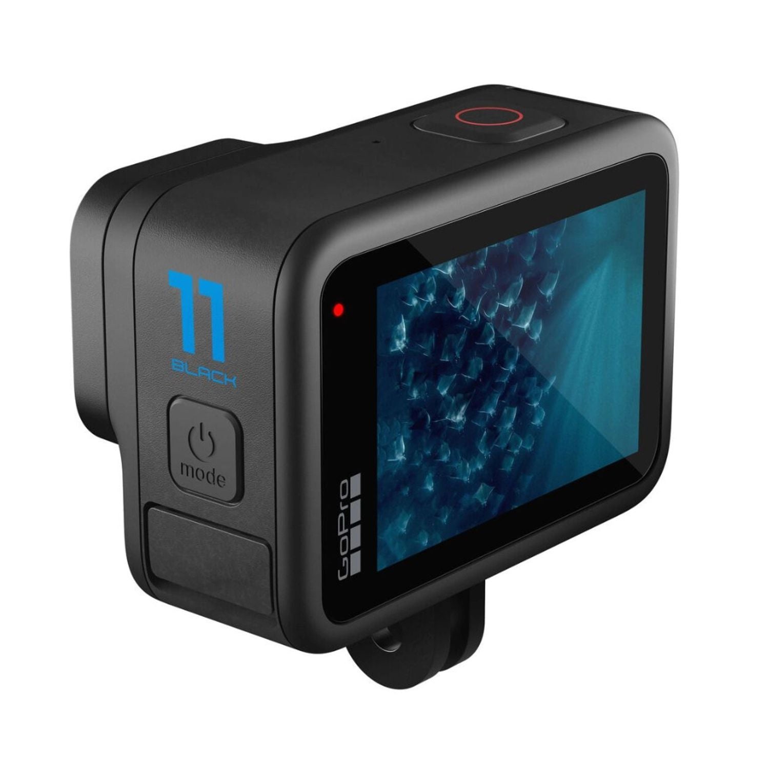 Black HERO11 action camera side view with screen and blue 11 label