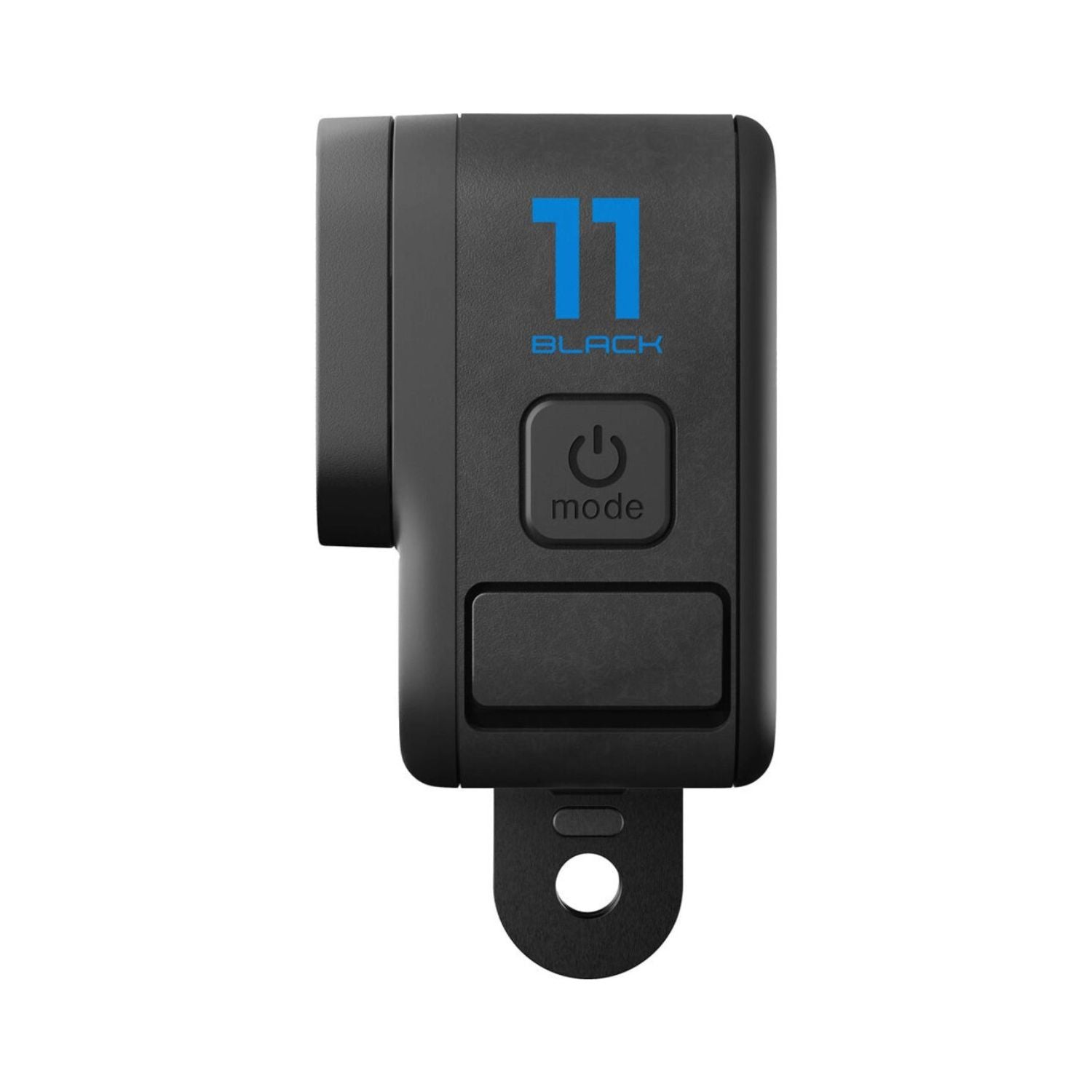 Black action camera back panel with mode button and hinge mount
