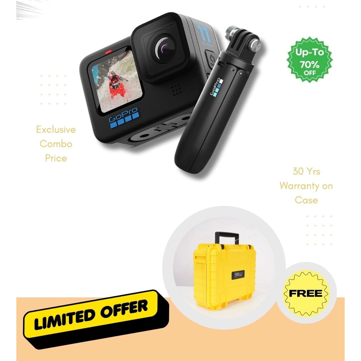 GoPro HERO 11 action camera (black) with grip and yellow rugged case