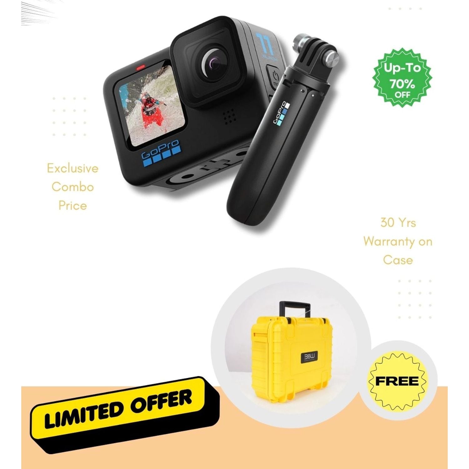 GoPro HERO 11 action camera (black) with grip and yellow rugged case