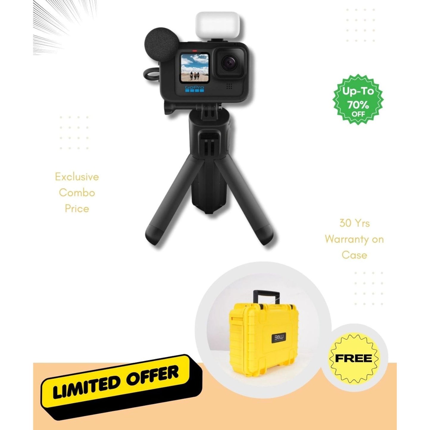 Schwarzes HERO11 Creator Bundle: Kamera mit Mikrofon und Stativhalter