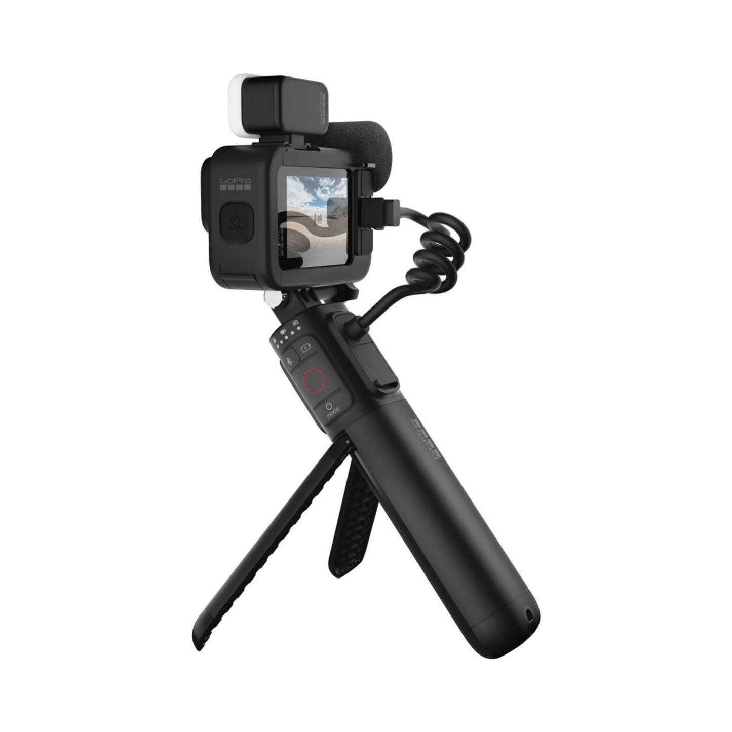 Schwarze HERO11 Actioncam mit seitlich angebrachtem Display und Handgriff