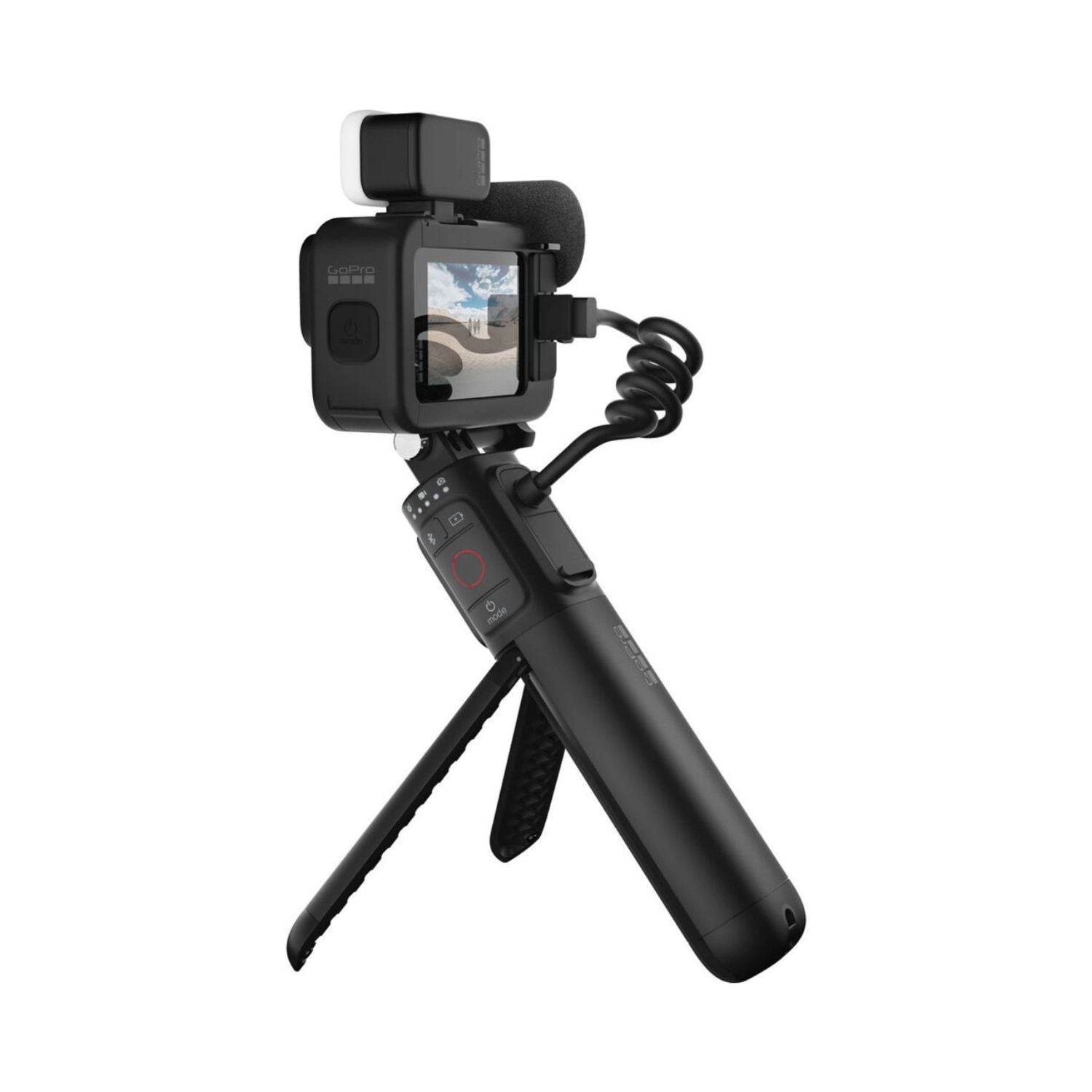 Schwarze HERO11 Actioncam mit seitlich angebrachtem Display und Handgriff