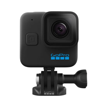 Schwarze GoPro HERO 11 Mini Action-Cam mit montierter Halterung