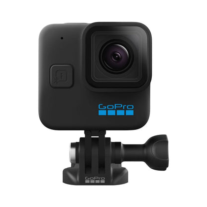 Schwarze GoPro HERO 11 Mini Action-Cam mit montierter Halterung