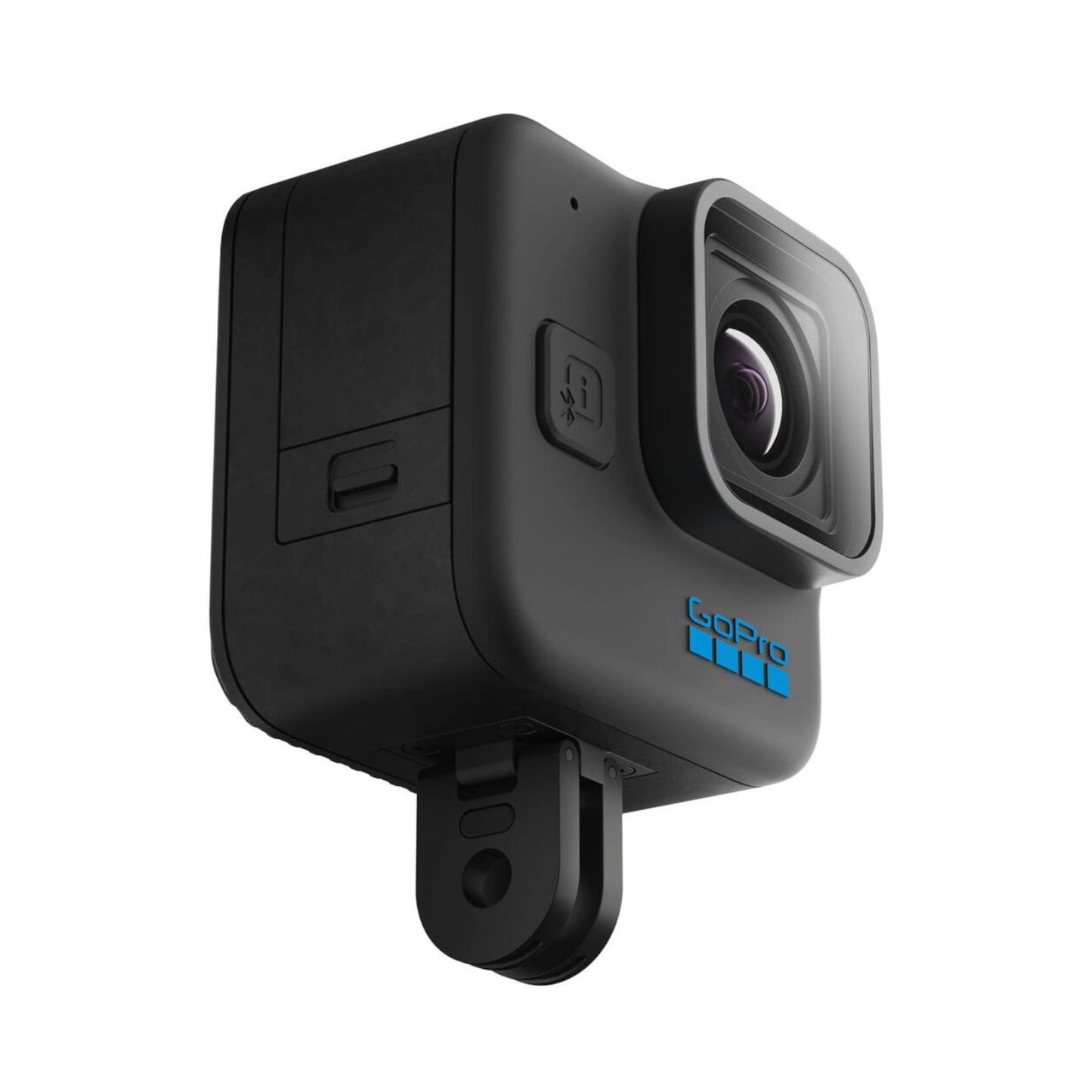Schwarze HERO 11 Mini Action-Cam in Seitenansicht mit Halterung