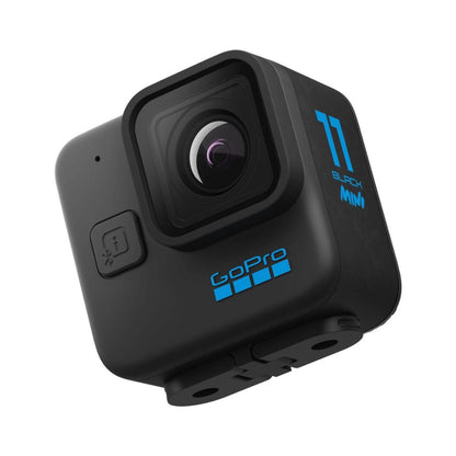 Schwarze HERO 11 Mini Action-Cam, blaues Logo, Linsenfenster oben
