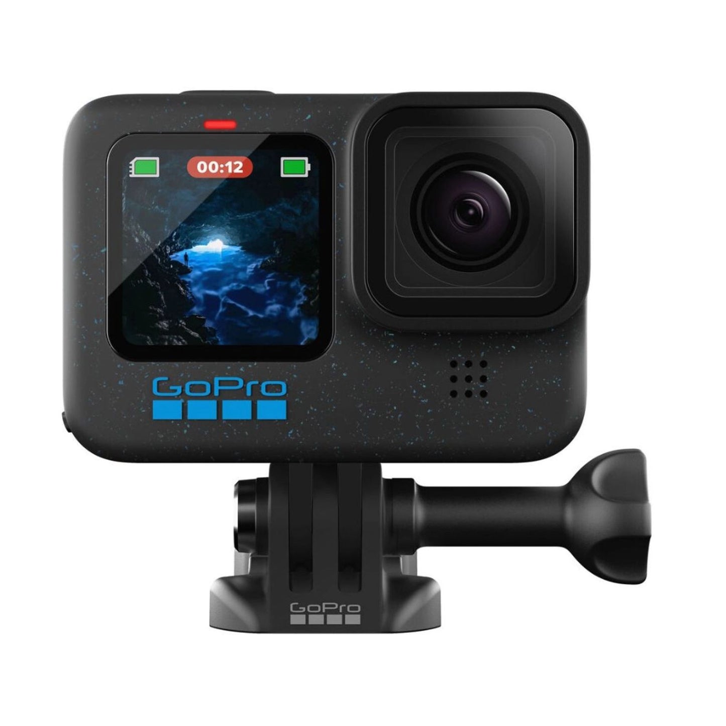 GoPro HERO 12 Actionkamera (schwarz) mit Front-Display und montiertem Haltearm
