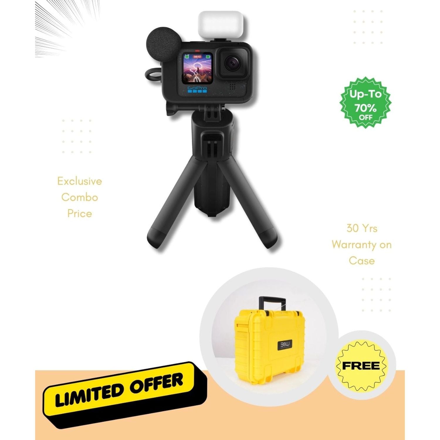 GoPro HERO 12 camera rig on tripod with black housing, mic and white light