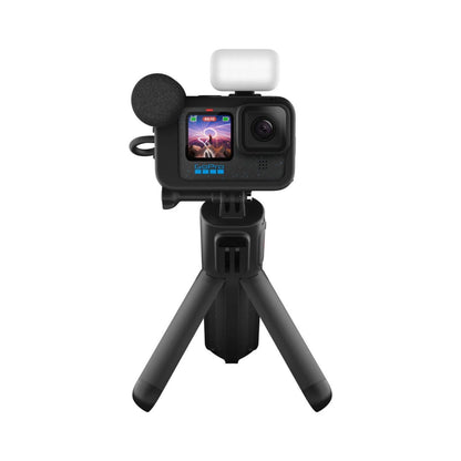 GoPro HERO 12 camera rig on tripod with black housing and white light