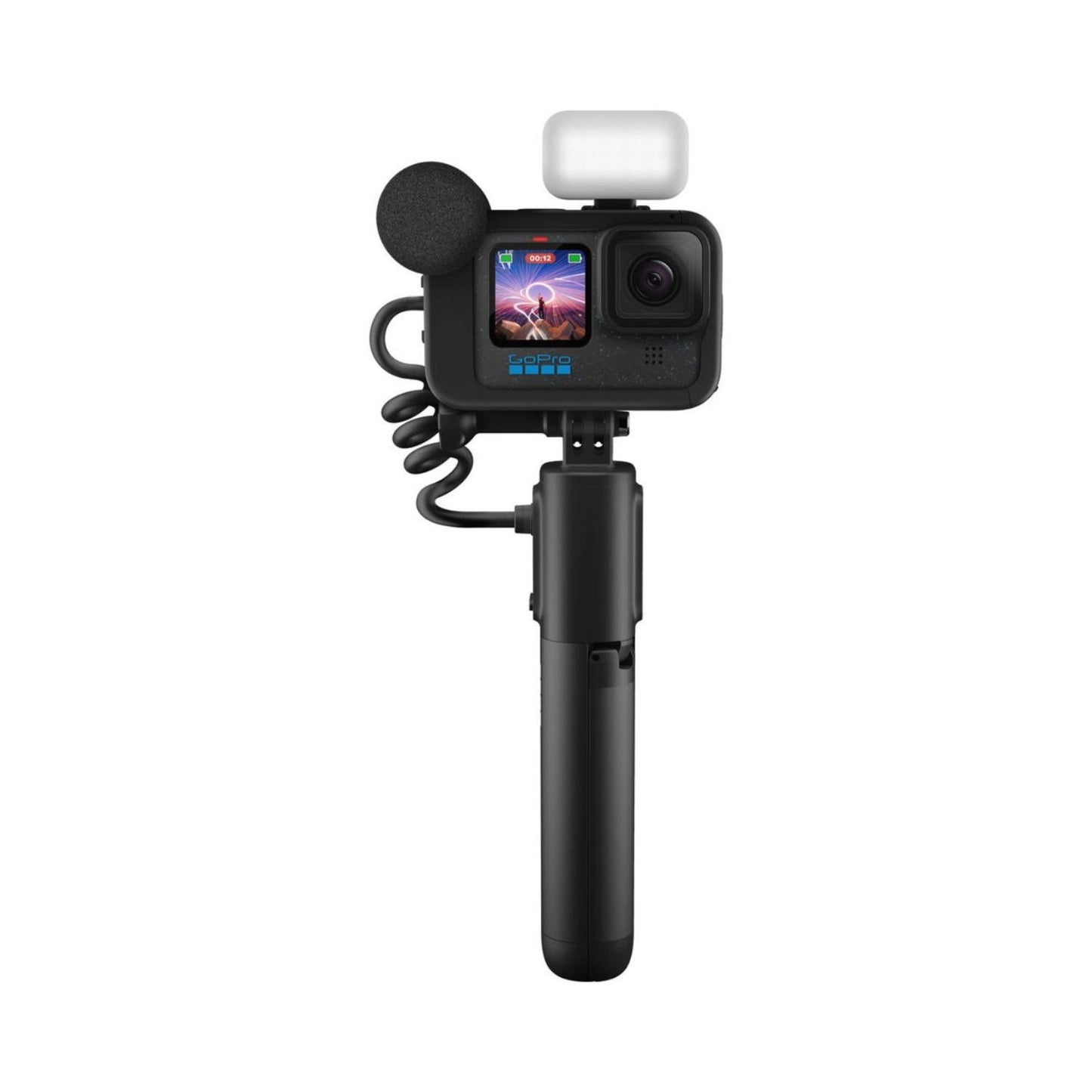 GoPro HERO 12 camera rig with mic, black housing, and handheld grip