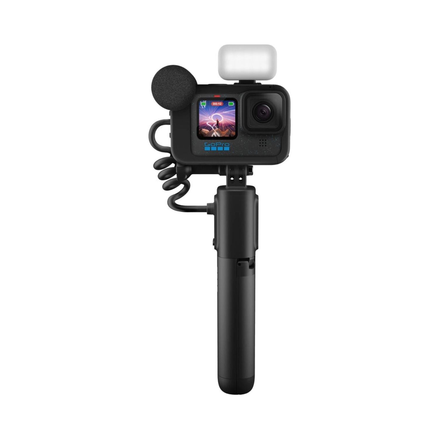 GoPro HERO 12 camera rig with mic, black housing, and handheld grip