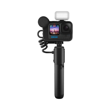 GoPro HERO 12 camera rig with mic, black housing, and handheld grip