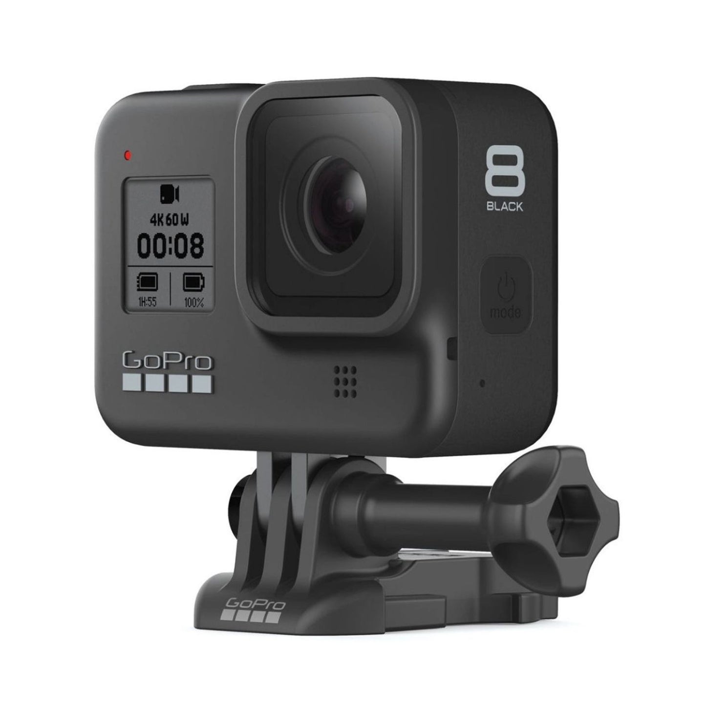 HERO8 Black action camera with accessory mount and stabilizing base