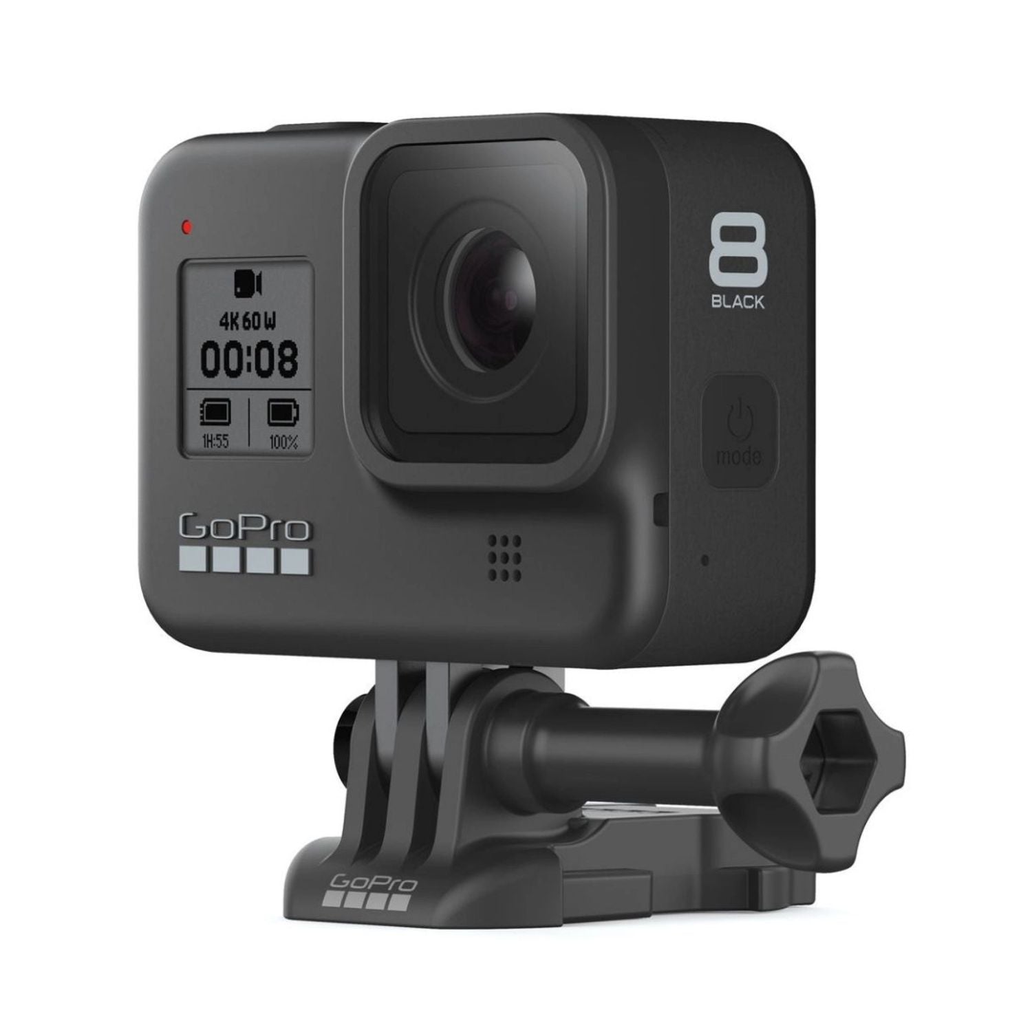 HERO8 Black action camera with accessory mount and stabilizing base