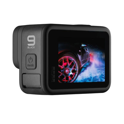 GoPro HERO 9 Actionkamera (schwarz), Nahansicht der „mode“-Taste links am Gehäuse