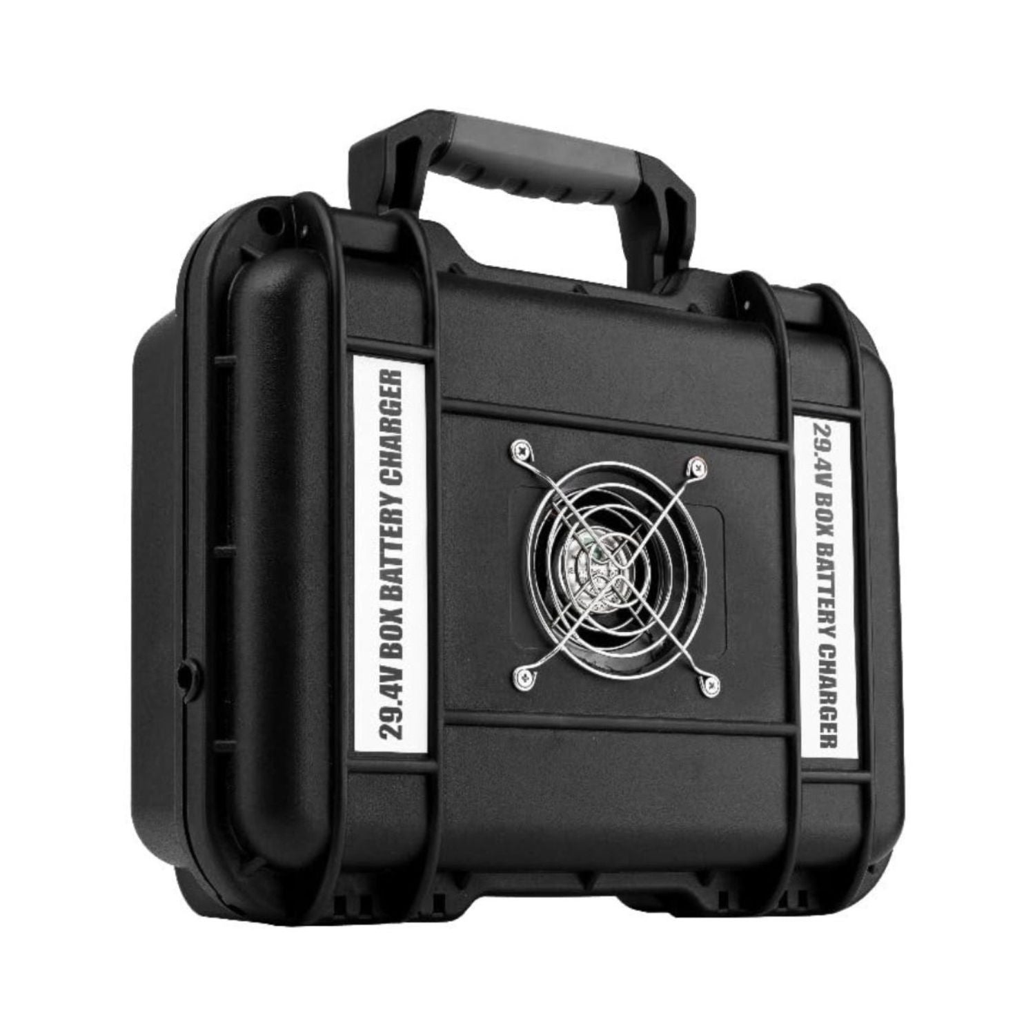 IO Batteries Box Battery Charger 29.4V mit Lüftergitter und Tragegriff, schwarze Kunststoffbox