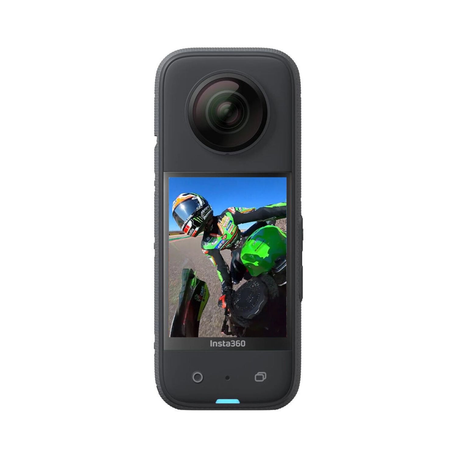 Insta360 X3 360 action camera front with display and dual-lens pod