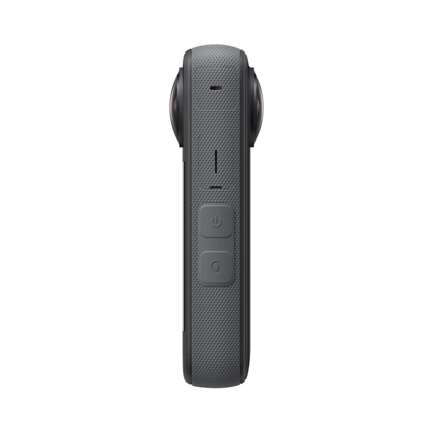 Insta360 X3 360 action camera side view with textured grip and control buttons