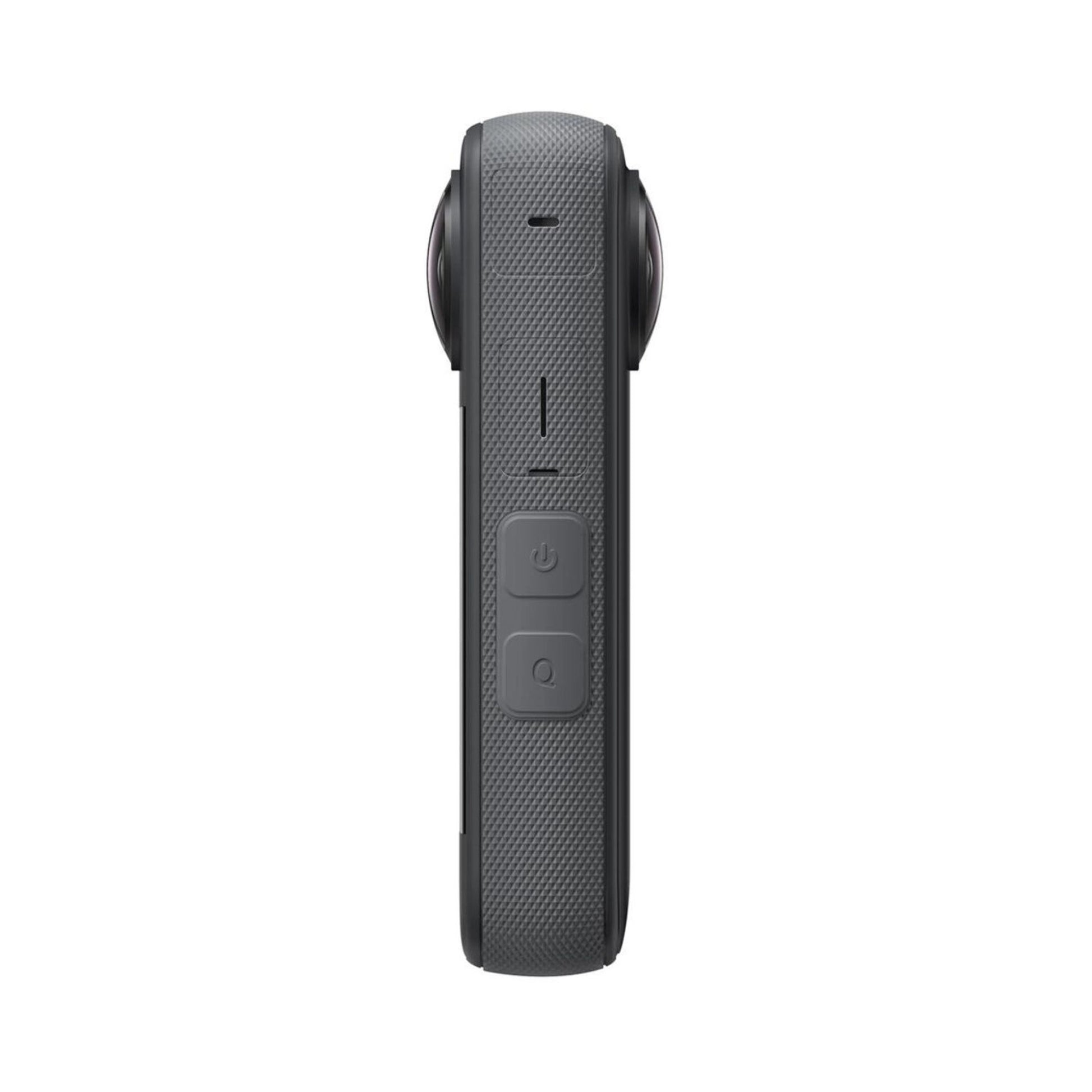 Insta360 X3 360 action camera side view with textured grip and control buttons