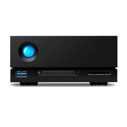 Black hard drive dock with front ports and blue power light