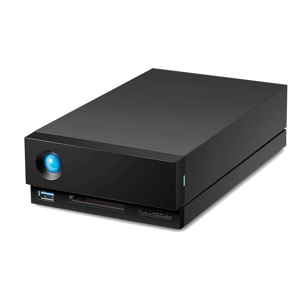 Black hard drive dock with blue indicator light and front ports
