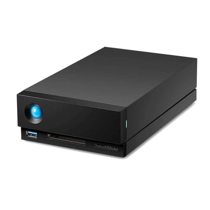 Black hard drive dock with blue indicator light and front ports