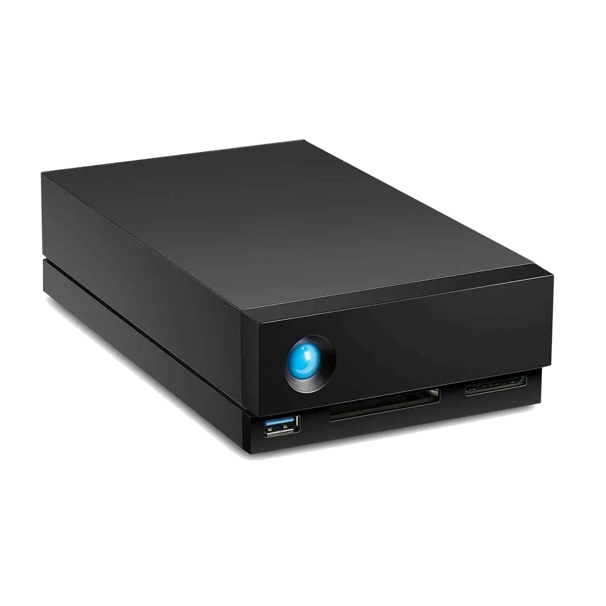 Black hard drive dock with blue indicator light and front ports
