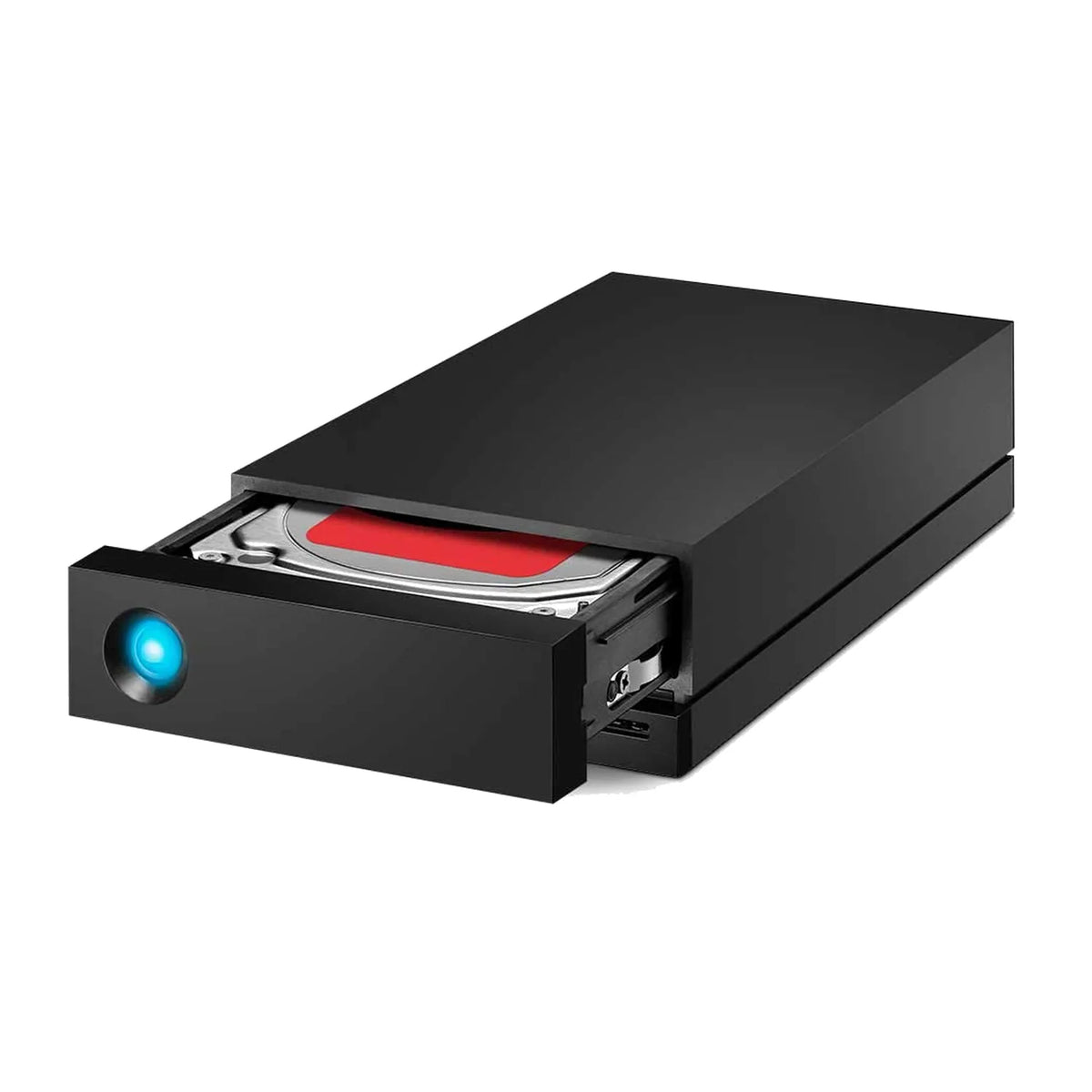 Black hard drive dock with open tray showing a red internal drive