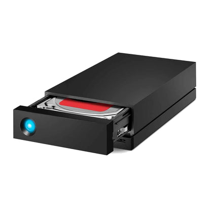 Black hard drive dock with open tray showing a red internal drive