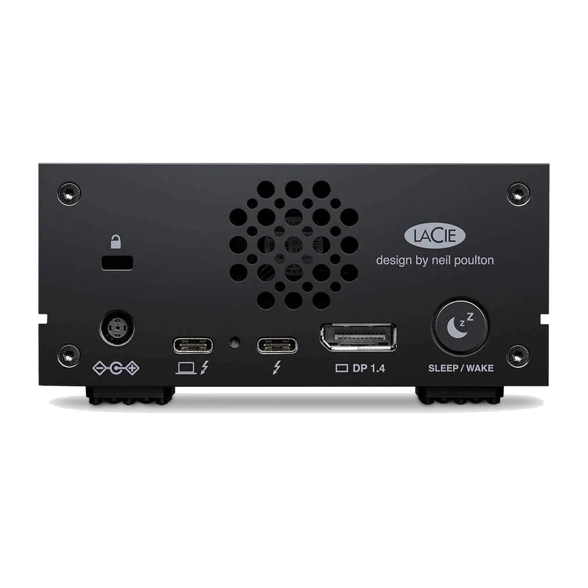 Rear view of black hard drive dock with vent grille, LACIE logo, and ports