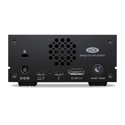 Rear view of black hard drive dock with vent grille, LACIE logo, and ports