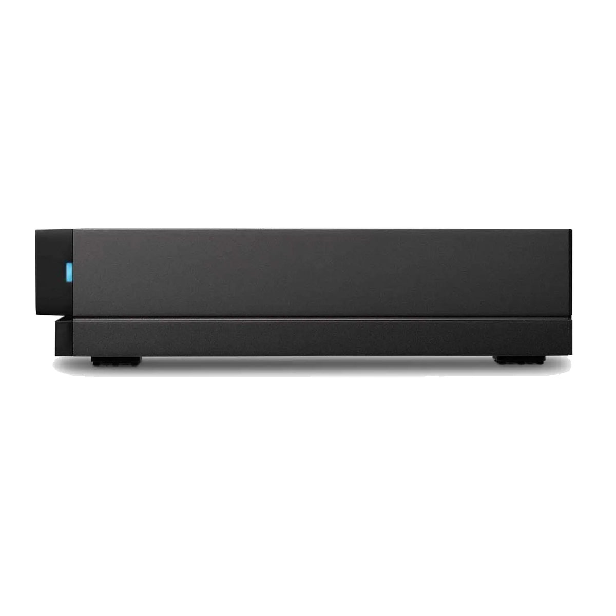 Black hard drive dock side view with blue status light and rubber feet