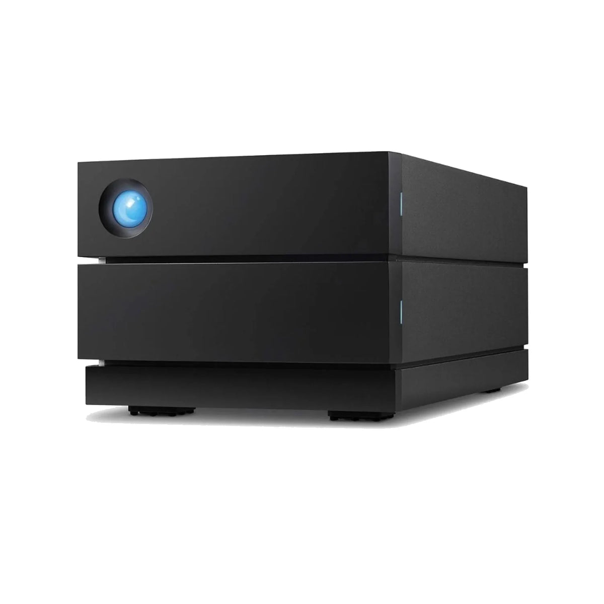 LaCie desktop RAID hard drive, black tower with blue power light and stacked front panels
