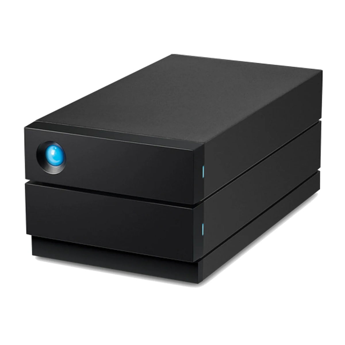 LaCie desktop RAID hard drive, black chassis with blue power light and side indicator lines
