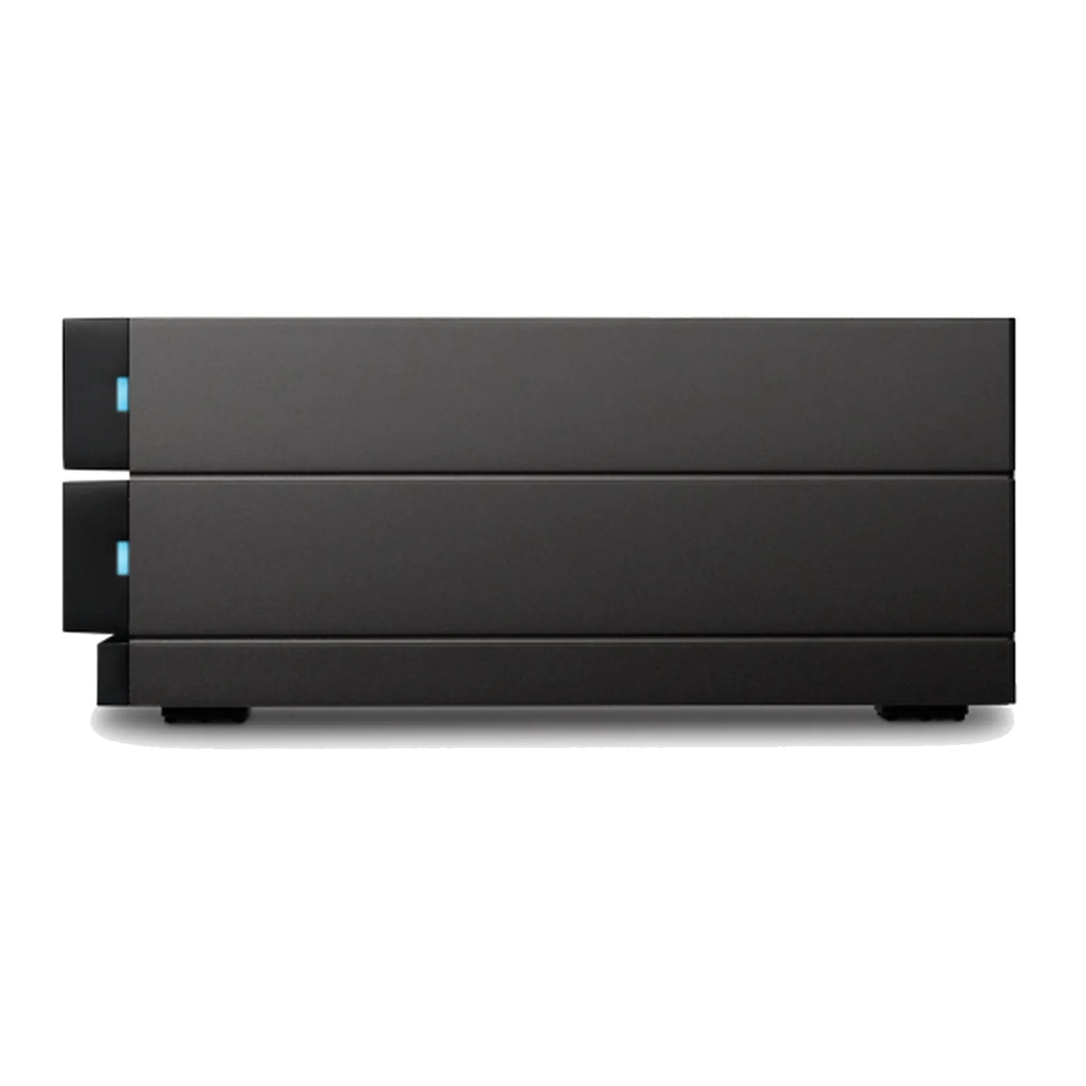 LaCie desktop RAID hard drive, black front view with blue status lights and feet