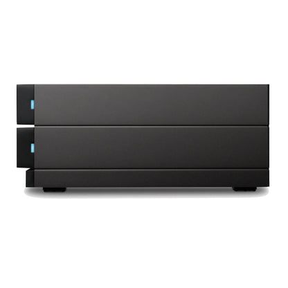 LaCie desktop RAID hard drive, black front view with blue status lights and feet
