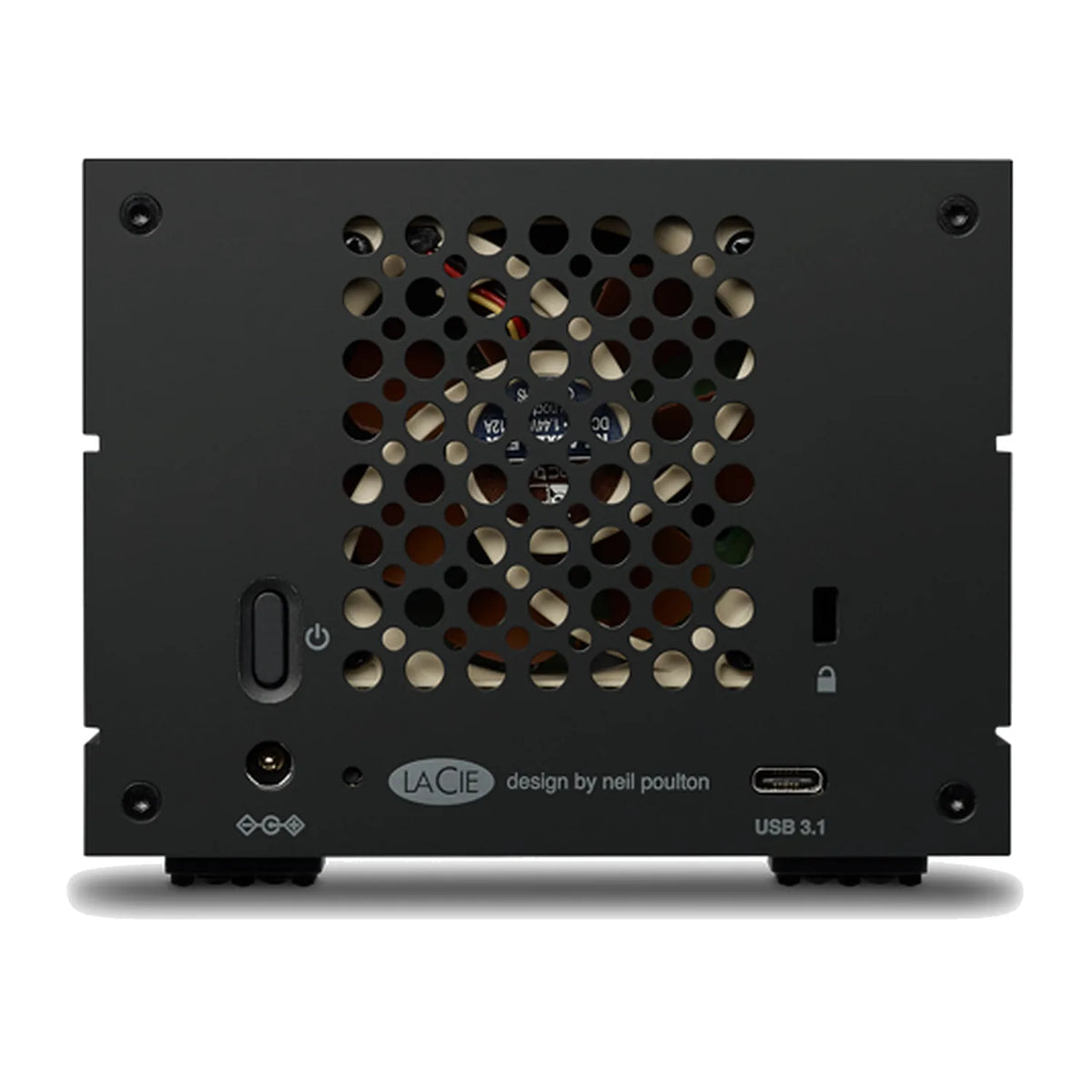 LaCie desktop RAID hard drive rear panel with cooling grille, power button, and USB 3.1 port