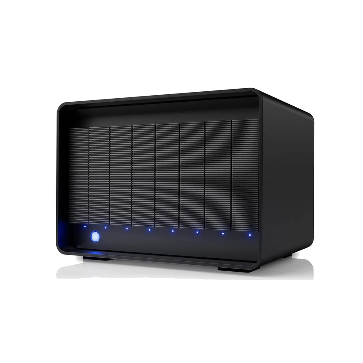 Black 8-bay RAID storage enclosure with vented front and blue LED indicators