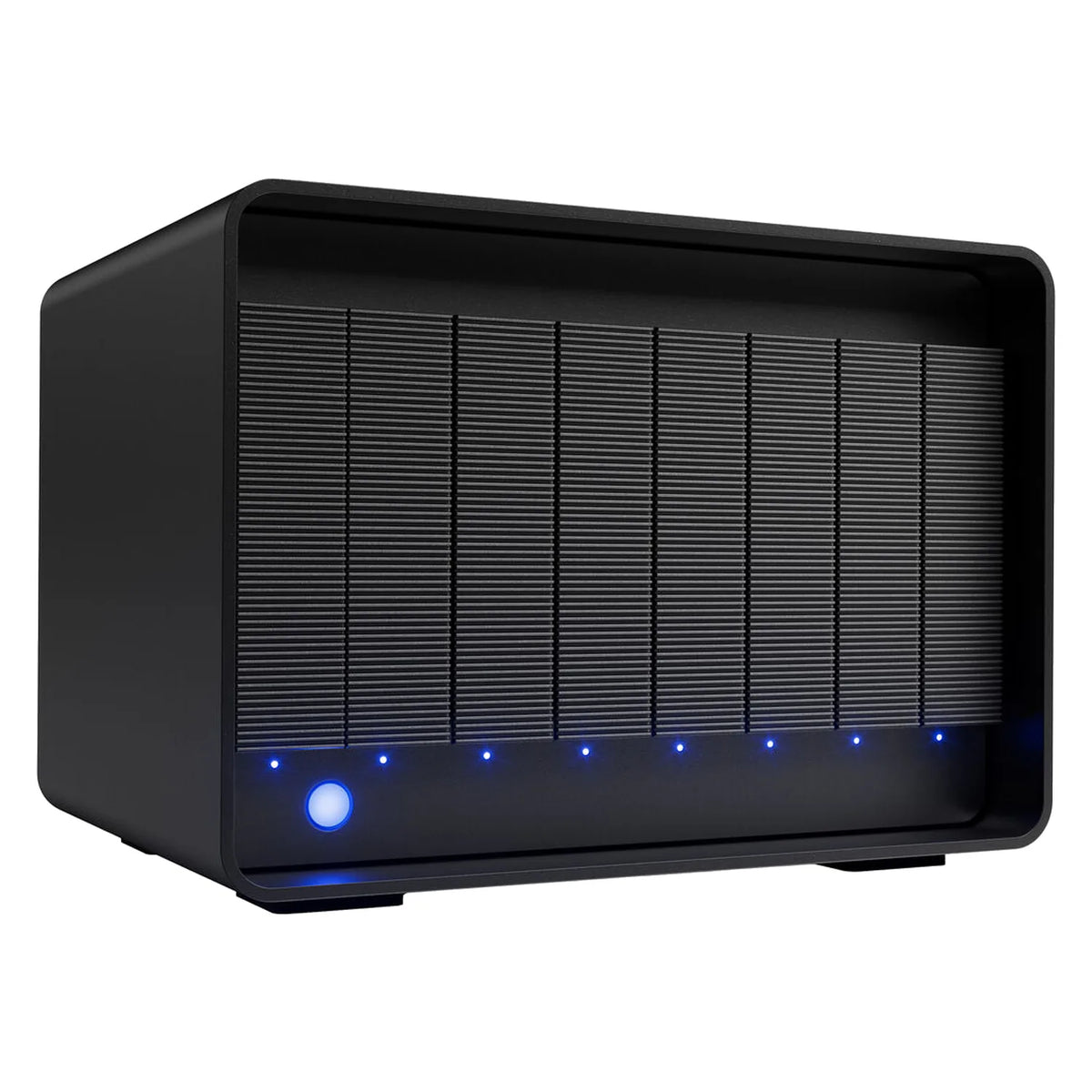 Black 8-bay RAID storage enclosure front view with blue LED status lights