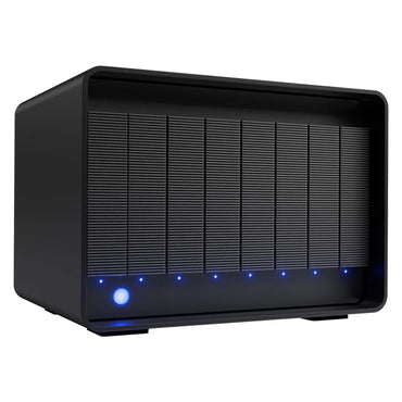 Black 8-bay RAID storage enclosure front view with blue LED status lights