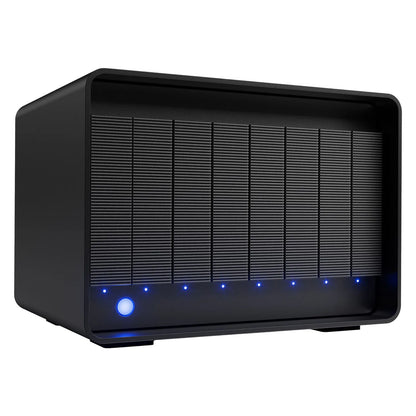 Black 8-bay RAID storage enclosure front view with blue LED status lights
