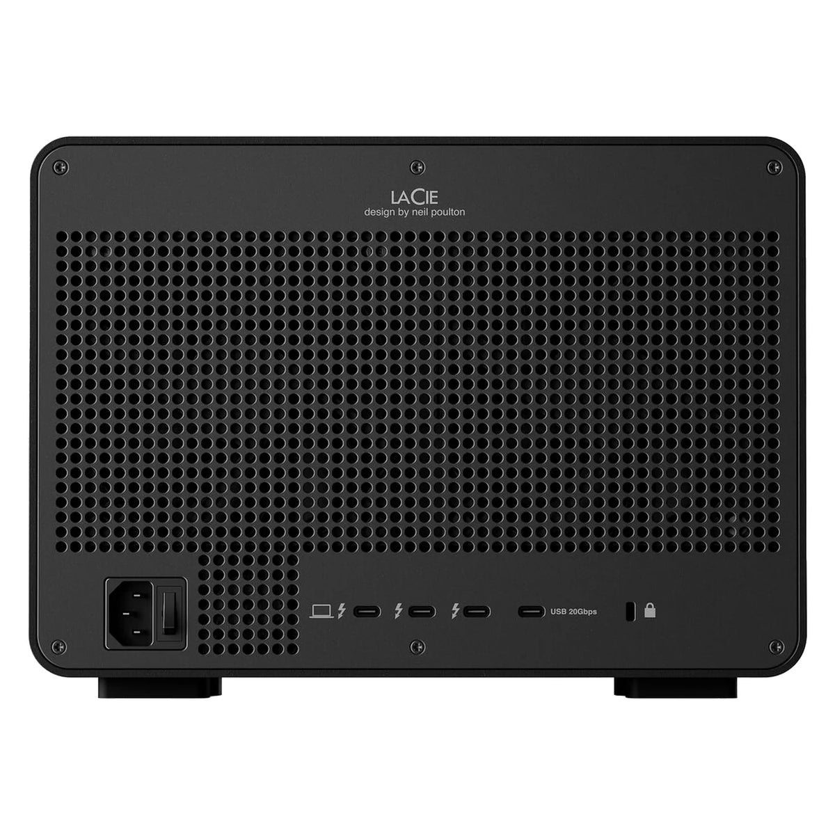 Back of black 8-bay RAID storage with port area and ventilation grille